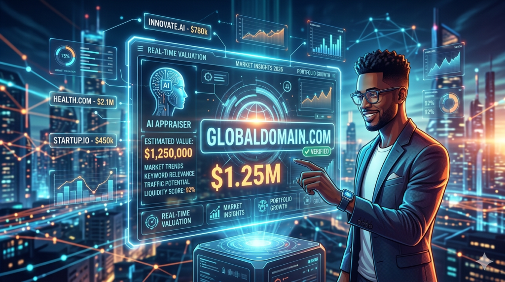 ai domain name appraiser, A futuristic digital dashboard displaying real-time AI domain name appraisal data and market trends for a business founder in 2026